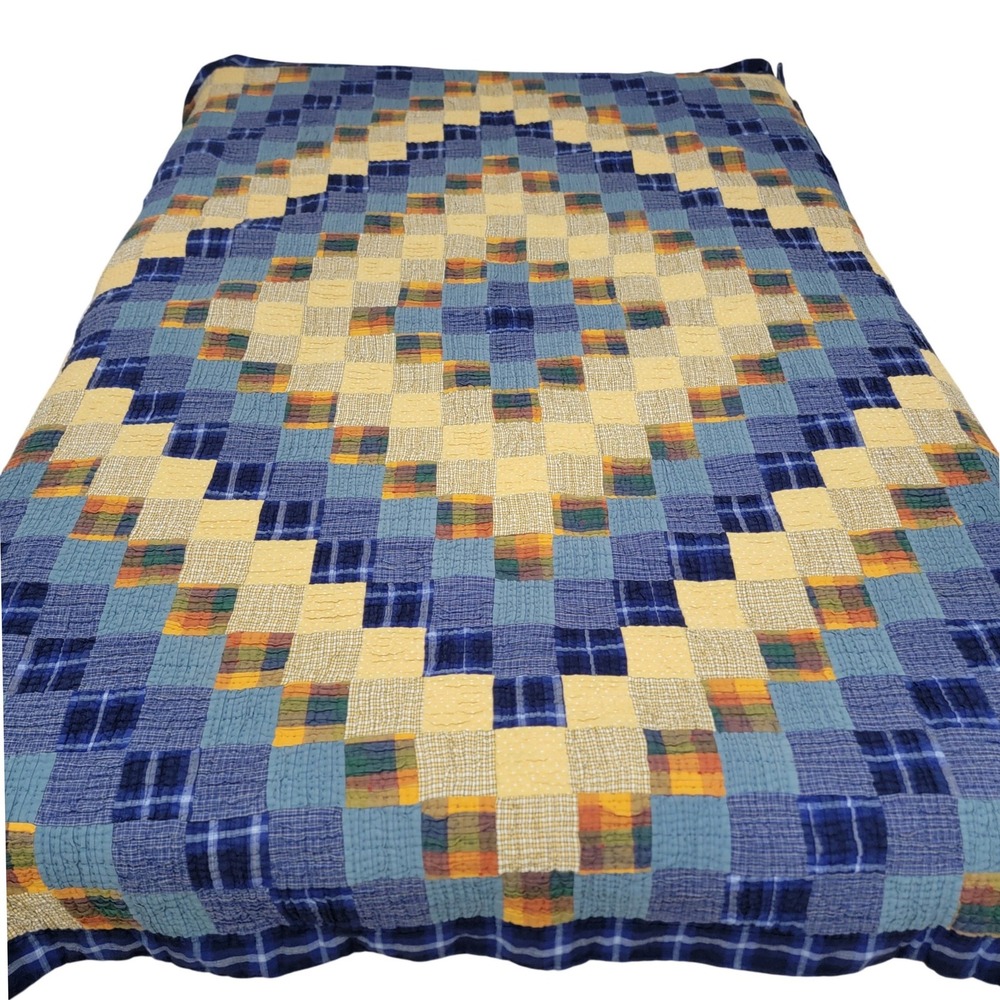 Hand Quilted Blue Yellow Patchwork Plaid Twin Quilt Blanket Bedcover 87x67